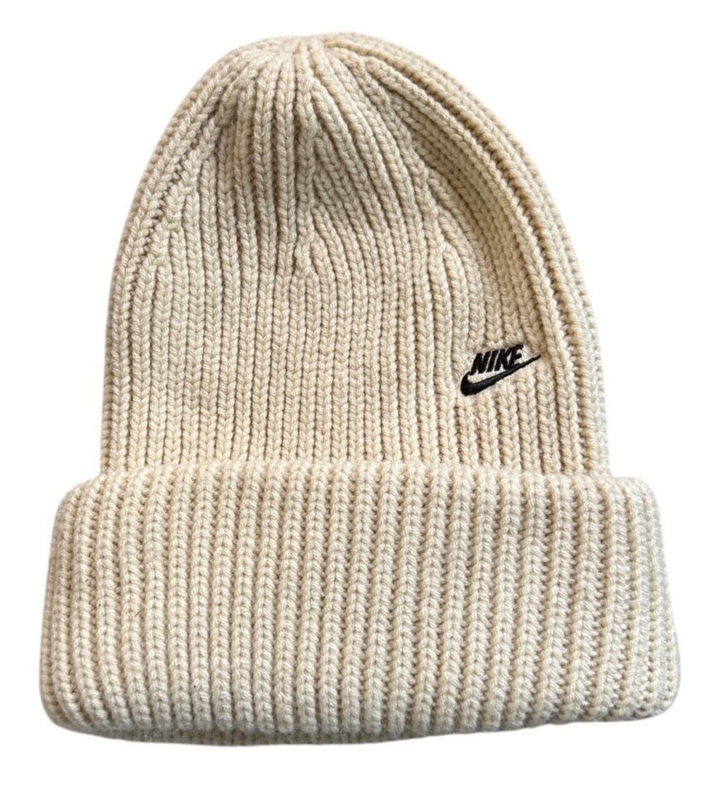 Nike Cream Ribbed Knit Beanie Hat Cuffed Acrylic Unisex Athletic Minimal
